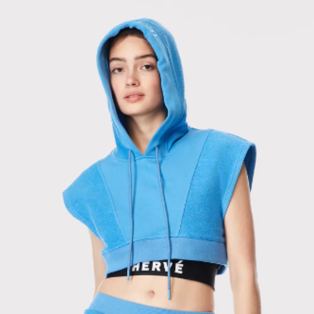 Hervé by Hervé Léger Cropped Paneled Hooded Sweatshirt in Blue Size Small